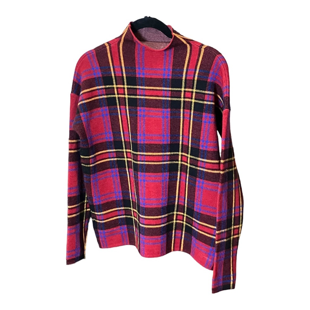 Tahari Mock Turtleneck Sweater Plaid Knit Red Blue Gold Brown Size Large - Picture 1 of 6